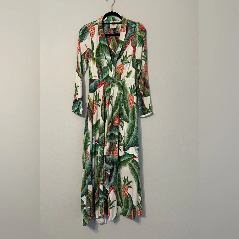 Long Sleeve Maxi Dress with Tropical Pineapple Print - Green/White/Coral - Picture 1 of 8